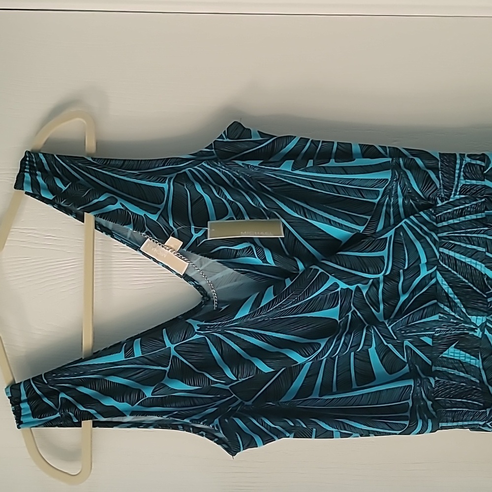 NWT MICHAEL Michael Kors Wide-Leg Jumpsuit Womens M Peacock Blue Leaf Print